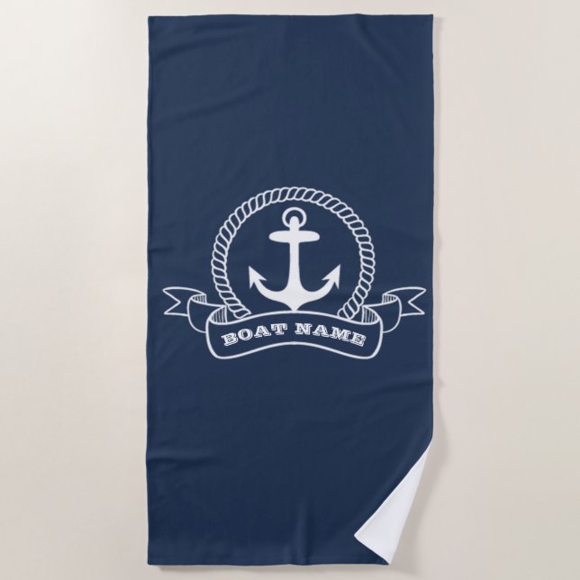 Serviette De Plage Ancre nautique Nom du bateau Marine Bleu (Devant)