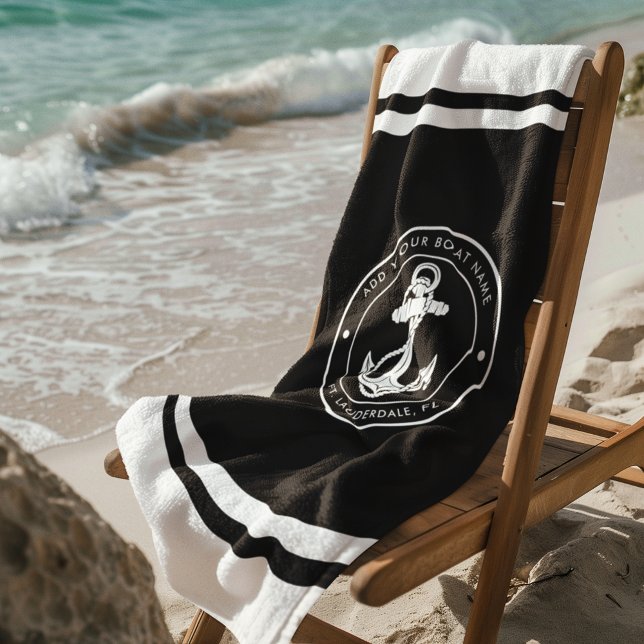 Serviette De Plage Ancre Nautique Nom du bateau Toute couleur Personn (Nautical Anchor White and Black Beach Towel)