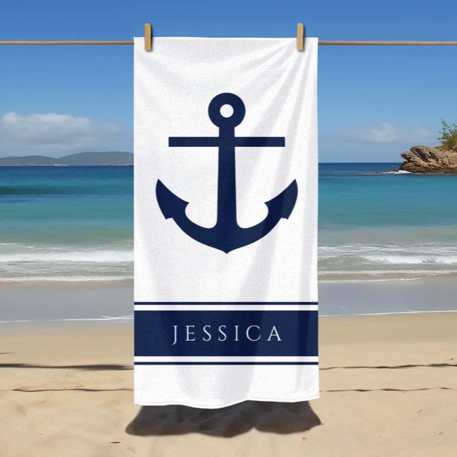 Serviette De Plage Ancre nautique Nom personnalisé Poudre bleu (Nautical Anchor Custom Name Powder Blue Beach Towel)