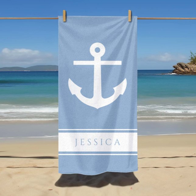 Serviette De Plage Ancre nautique Nom personnalisé Poudre bleu (Nautical Anchor Custom Name Powder Blue Beach Towel)