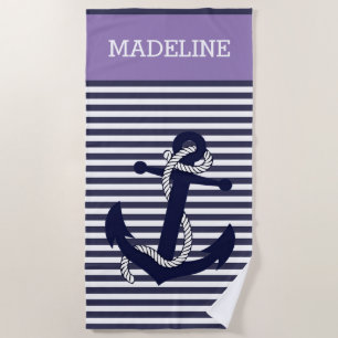 Serviette De Plage Ancre Nautique Personnalisée Bandes Bleu Violet Po