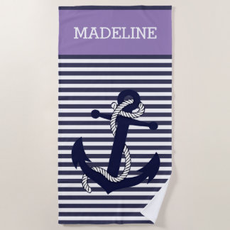 Serviette De Plage Ancre Nautique Personnalisée Bandes Bleu Violet Po