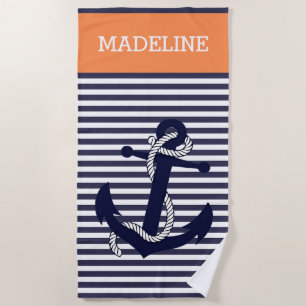 Serviette De Plage Ancre Nautique Personnalisée Bleu Lumière Orange