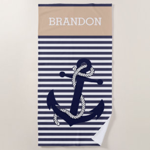 Serviette De Plage Ancre nautique personnalisée Bleu Taupe Bleu Blanc
