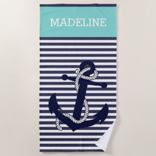 Serviette De Plage Ancre nautique personnalisée Blue Aqua Turquoise S
