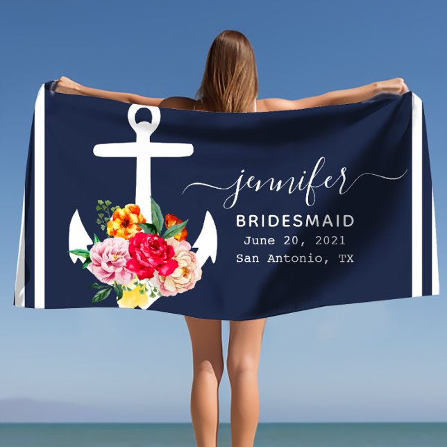Serviette De Plage Ancre nautique personnalisée Salle de bain Ocean N (Floral Anchor Bridesmaid Gift Personalized Name Beach Towel)