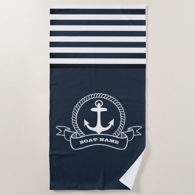 Serviette De Plage Ancre nautique rayure bleu marine  (Devant)