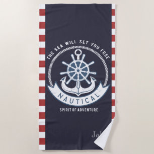 Serviette De Plage Ancre nautique,Roue, Bleu marine,Rayes rouges