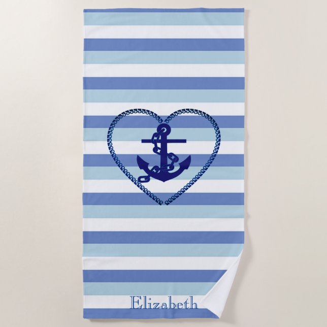 Serviette De Plage Ancre Naútque Rayure Bleu Marine (Devant)