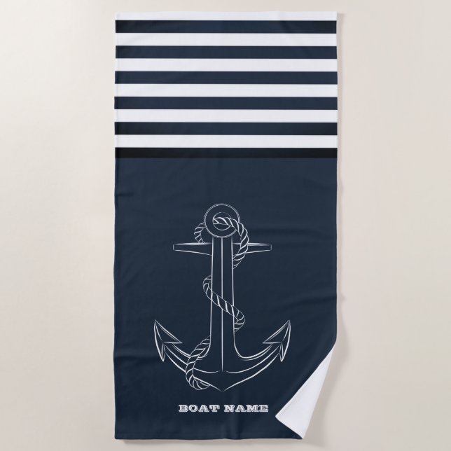 Serviette De Plage Ancre Naútque Rayure Bleu Marine Marin (Devant)