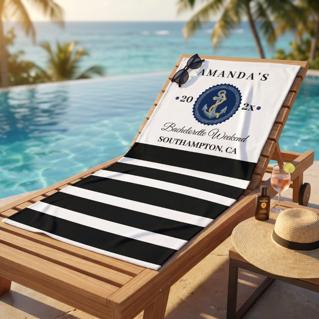 Serviette De Plage Ancre Noir Blanc Week-end de l'Enterrement de Vie  (Black White Anchor Bachelorette Weekend Personaliz Beach Towel)