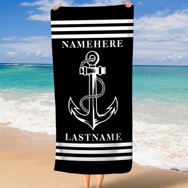Serviette De Plage Ancre noire et bandes Nom ou texte personnalisé (Black Anchor and Stripes Custom Name or Text Beach Towel)