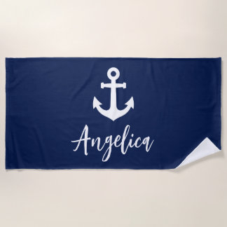Serviette De Plage Ancre personnalisée bleu marine et blanc