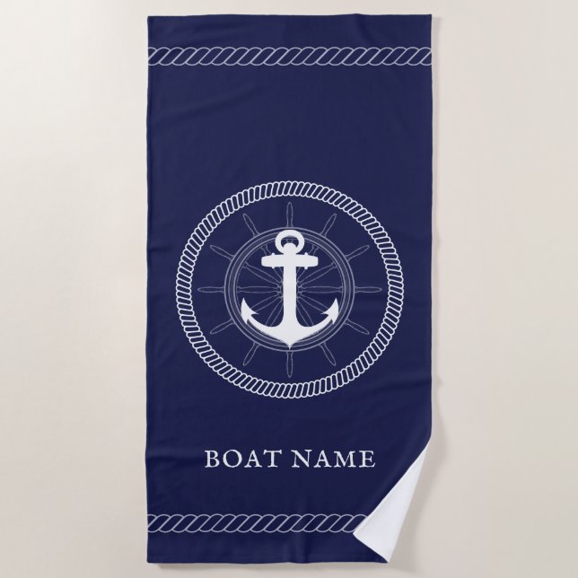 Serviette De Plage Ancre personnalisée Bleu nautique blanc  (Devant)