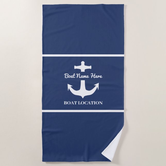 Serviette De Plage Ancre personnalisée Marine Nom du bateau bleu Lieu (Devant)