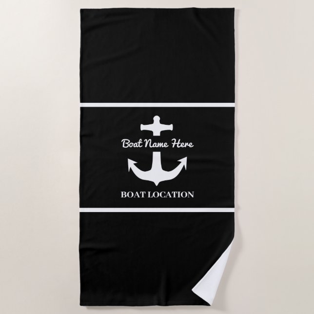 Serviette De Plage Ancre personnalisée Nom du bateau noir Emplacement (Devant)
