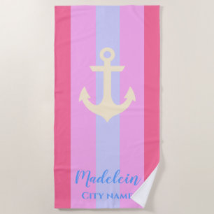 Serviette De Plage Ancre rose Moderne Bandes Nautiques Nom Personnali