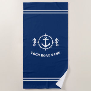 Serviette De Plage Ancre Seahorse avec nom de bateau sur Navy Blue