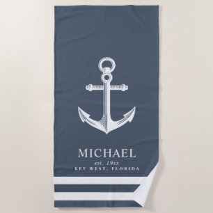 Serviette De Plage Ancre thématique marine Nom personnalisé Slate Bl