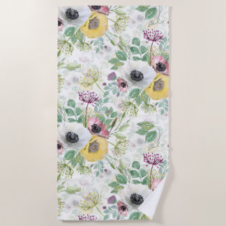 Serviette De Plage Anémones rose, blanc et jaune.