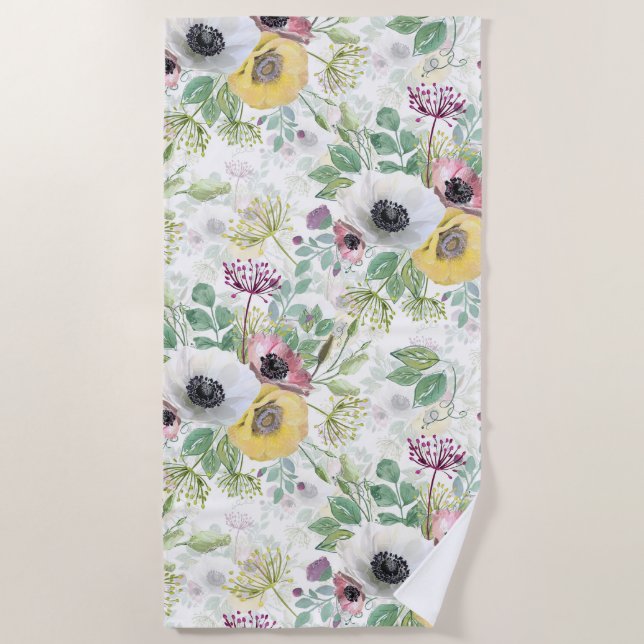 Serviette De Plage Anémones rose, blanc et jaune. (Devant)