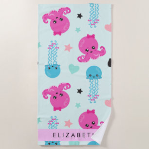 Serviette De Plage Animaux de mer, poulpe, méduse, Coeurs, Votre nom