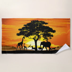 Serviette De Plage Animaux sauvages sur le coucher de soleil de la sa