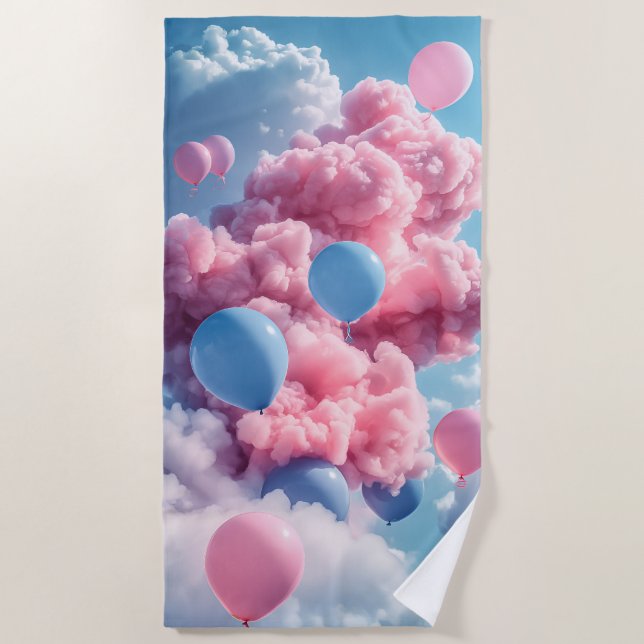Serviette de plage Anniversaire Ballons bleu rose  (Devant)