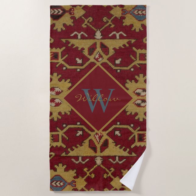 Serviette De Plage Antique Monogramme Oriental Perse Motif rouge (Devant)