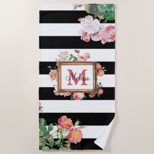 Serviette De Plage Antique Vintage Floral & Stripes Monogramme