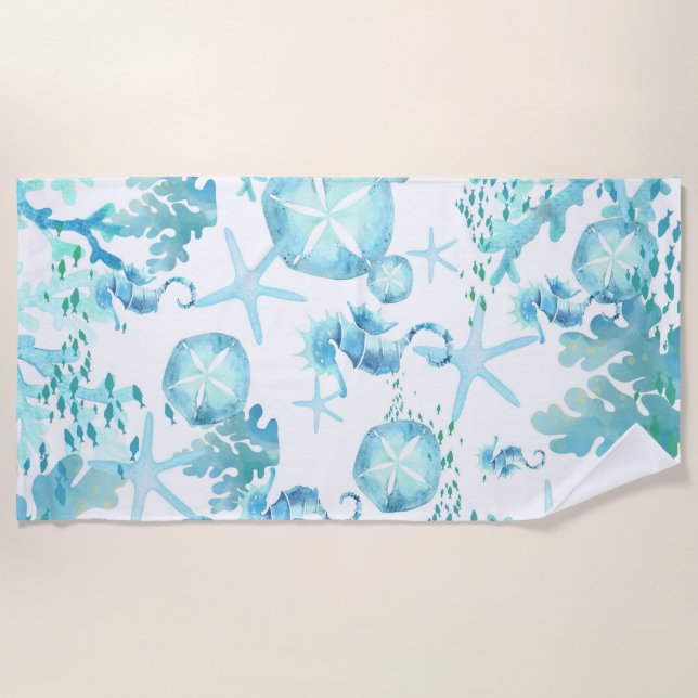 Serviette De Plage Aqua Bleu Coques de mer Sanddollars Starfish (Devant)