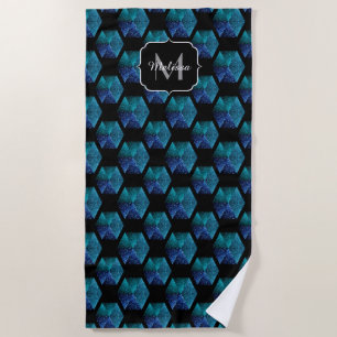 Serviette De Plage Aqua bleu étincelle diamant Monogramme géométrique