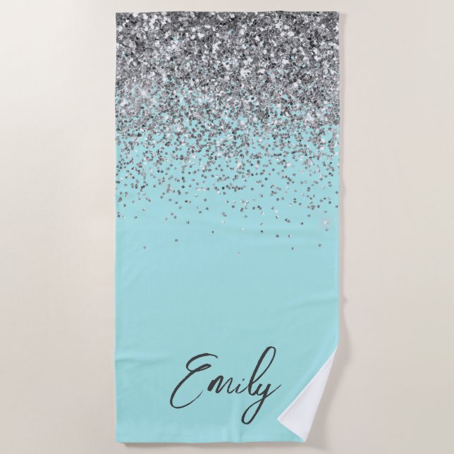 Serviette De Plage Aqua Bleu Turquoise Argent Pailleté Monogramme (Devant)