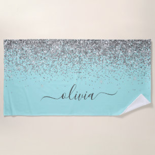 Serviette De Plage Aqua bleu Turquoise Parties scintillant argent Mon