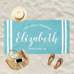 Serviette De Plage Aqua Blue Girls Weekend Nom personnalisé<br><div class="desc">Le design personnalisé des serviettes de plage pour une escapade de fin de semaine pour filles dispose d'un prénom personnalisé dans l'écriture de script moderne encadré par des bandes côtières, avec texte personnalisé pour l'occasion. La couleur arrière - plan bleu aqua peut être modifiée. Visitez notre boutique pour d'autres options...</div>