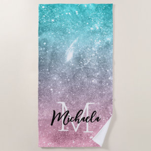 Serviette De Plage Aqua blue Pink ombre mer galaxie abstraite Monogra