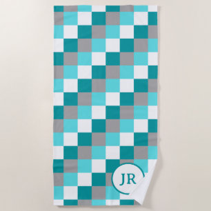 Serviette De Plage Aqua coloré et Turquoise Check Intials personnalis