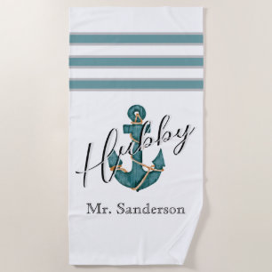 Serviette De Plage Aqua nautique Turquoise bleu n blanc Ancre florale