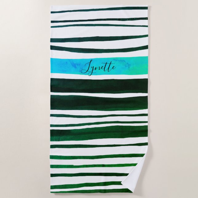 Serviette De Plage Aqua noir, bleu, rayures peintes en vert (Devant)