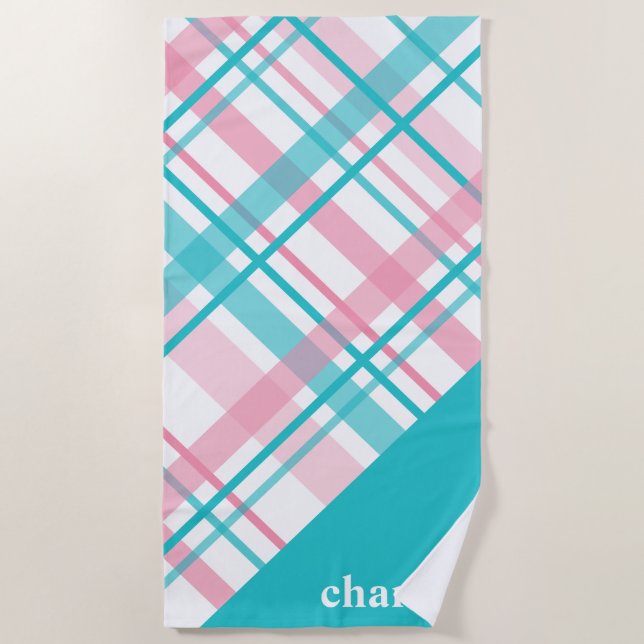 Serviette De Plage Aqua rose bleu pastel plaid nom personnalisé motif (Devant)