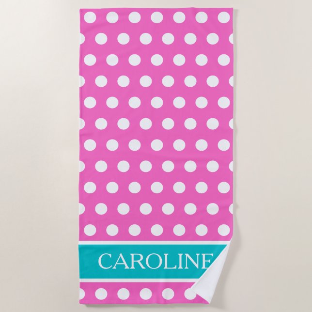 Serviette De Plage Aqua rose et Polka blanc point personnalisé  (Devant)
