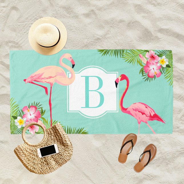 Serviette De Plage Aqua tropicale et Flamant rose rose Monogramme per (Créateur téléchargé)