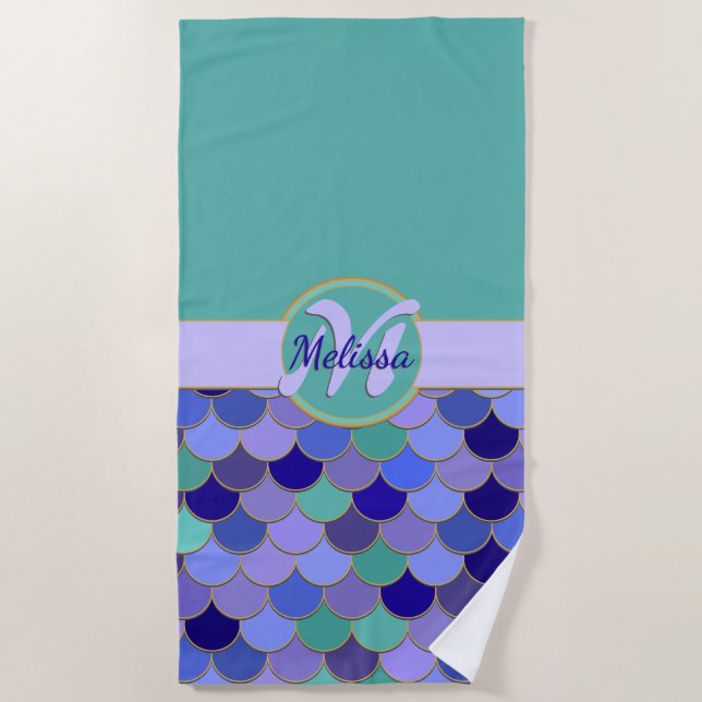 Serviette De Plage Aqua Turquoise & Purple Fumaid Scales Monogramme + (Devant)
