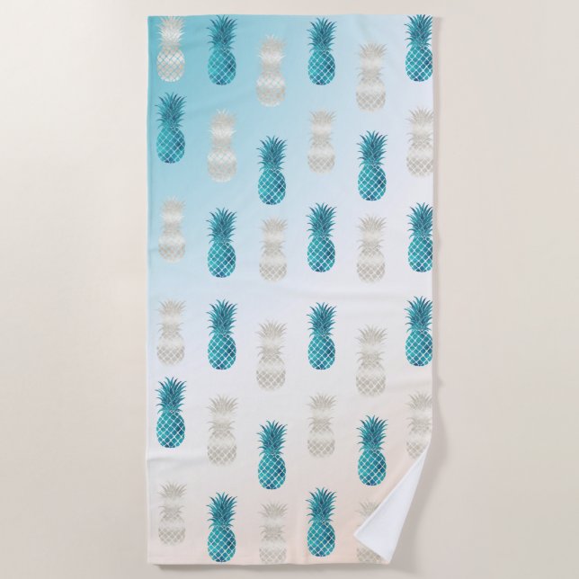 Serviette De Plage Aqua WhiteTropical Glam Pineapples (Devant)