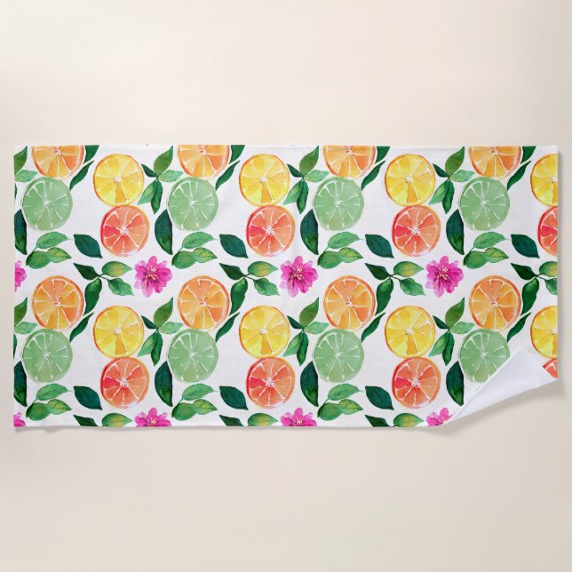 Serviette De Plage Aquarelle Agrumes Fruit Floral Botanique (Devant)