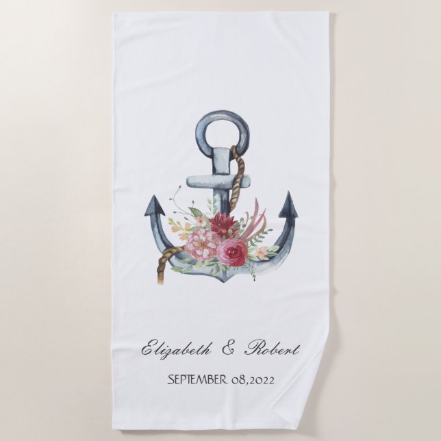 Serviette De Plage Aquarelle Ancre Fleurs Nautiques (Devant)