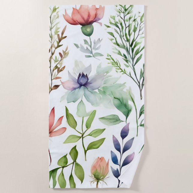 Serviette De Plage Aquarelle blanche Jardin botanique floral (Devant)