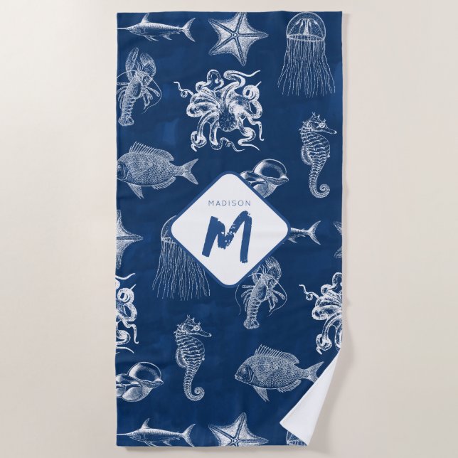 Serviette De Plage Aquarelle bleu marine Océan Animaux marins Monogra (Devant)