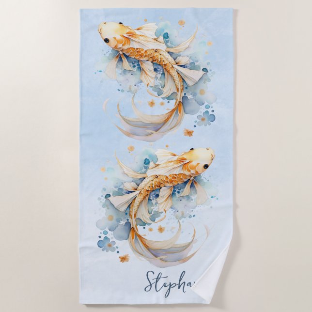 Serviette De Plage Aquarelle bleu or Koi poisson personnalisé (Devant)