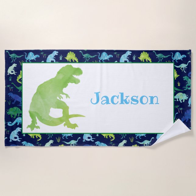 Serviette De Plage Aquarelle bleue Dinosaure Personnalisée T-Rex (Devant)